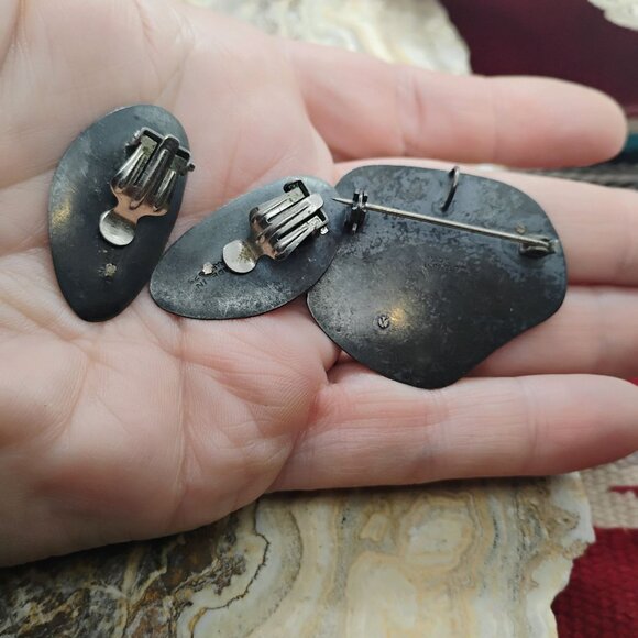 Vtg Judaica Israel 925 Sterling Silver Set Brooch/Pendant & Clip Earrings - Picture 12 of 12